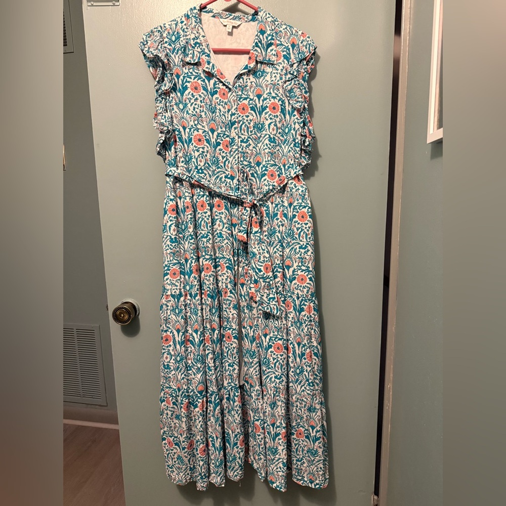 Crown & Ivy Floral Midi Dress - Teal and Coral